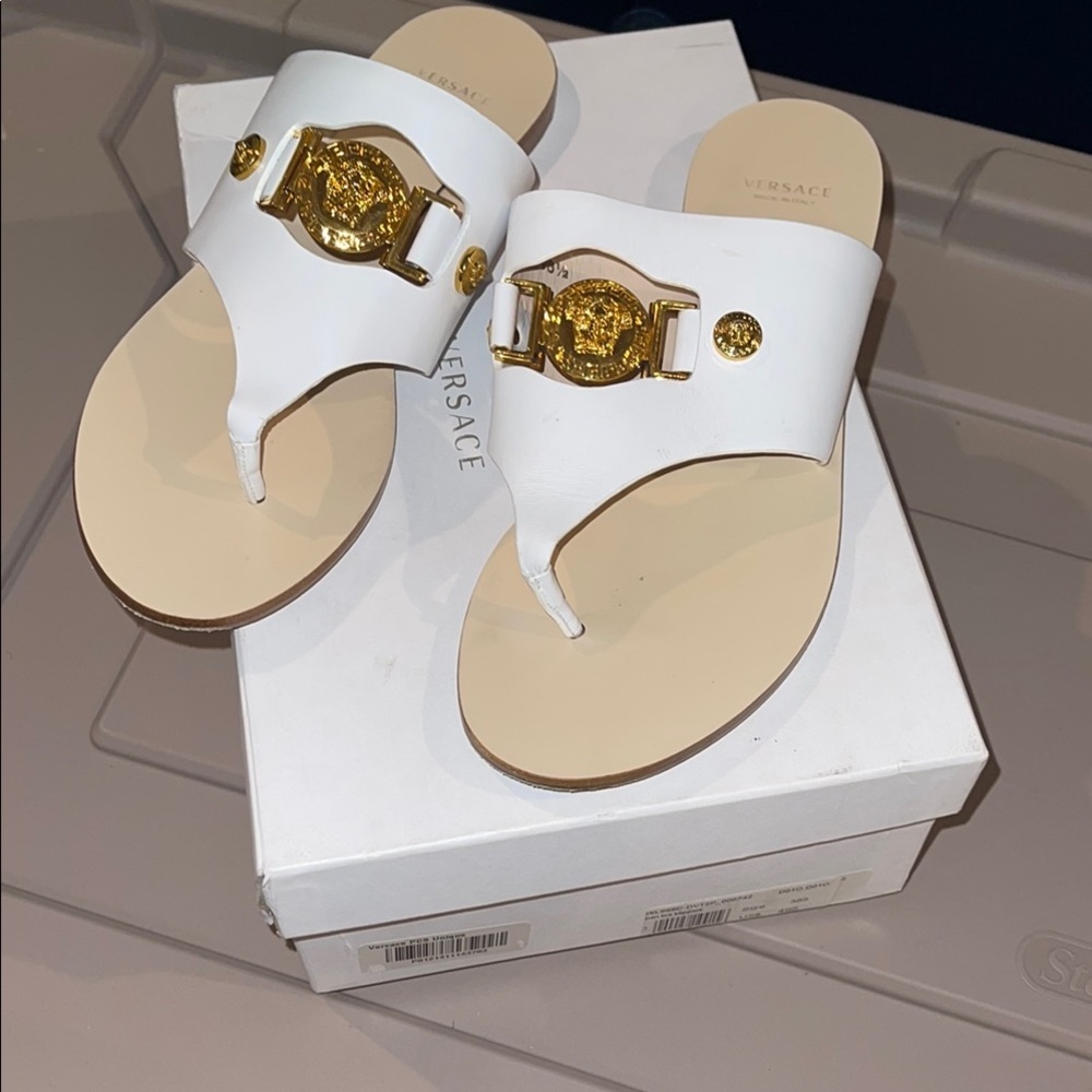 Versace White Sandals with Gold Medallion